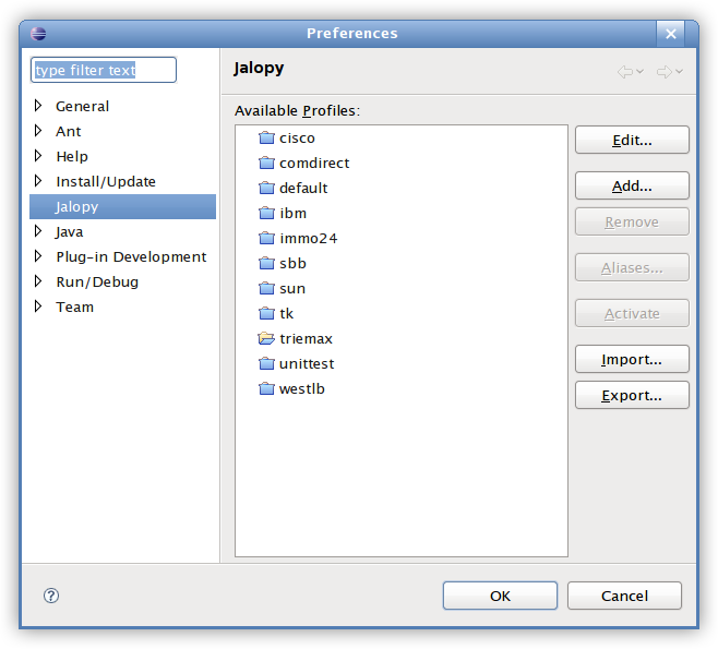 Jalopy settings page
