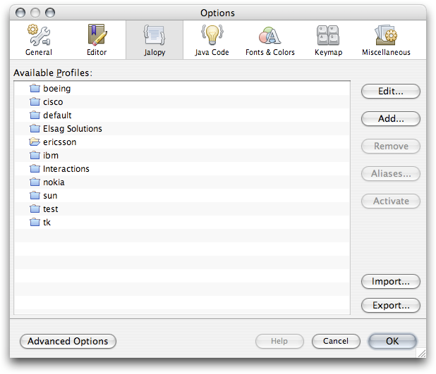 Jalopy settings page