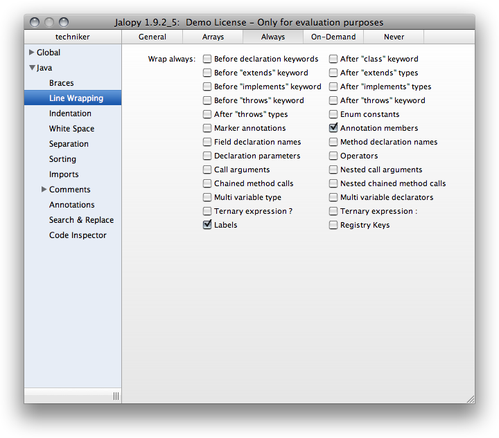 Wrapping Always settings page