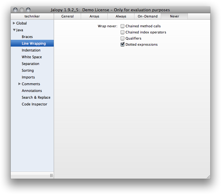 Wrapping Never settings page