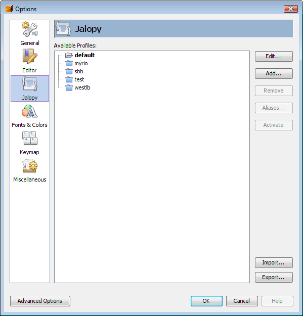Jalopy options dialog