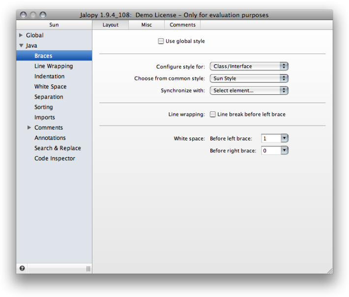 Braces Layout settings page (Global view)