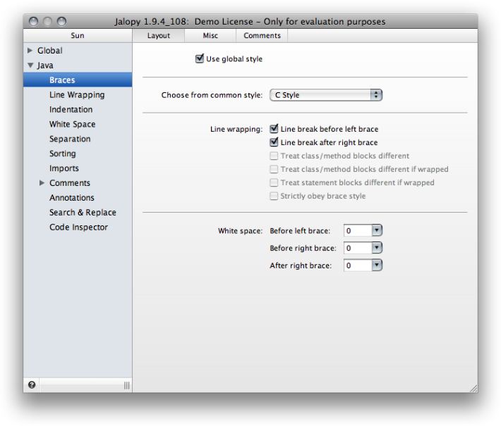 Braces Layout settings page (Details view)
