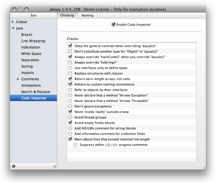 Code Inspector settings page