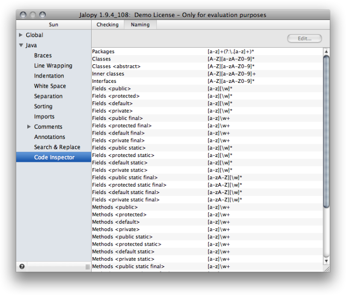 Code Inspector Naming settings page