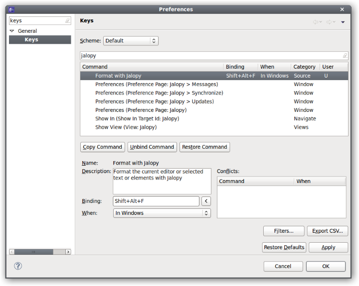 Keys preferences page