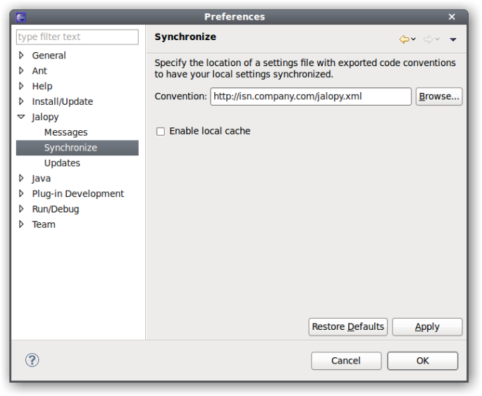 Jalopy Synchronize Preferences Page