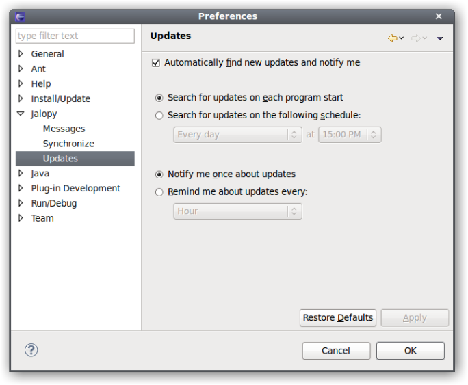 Jalopy Updates Preferences Page