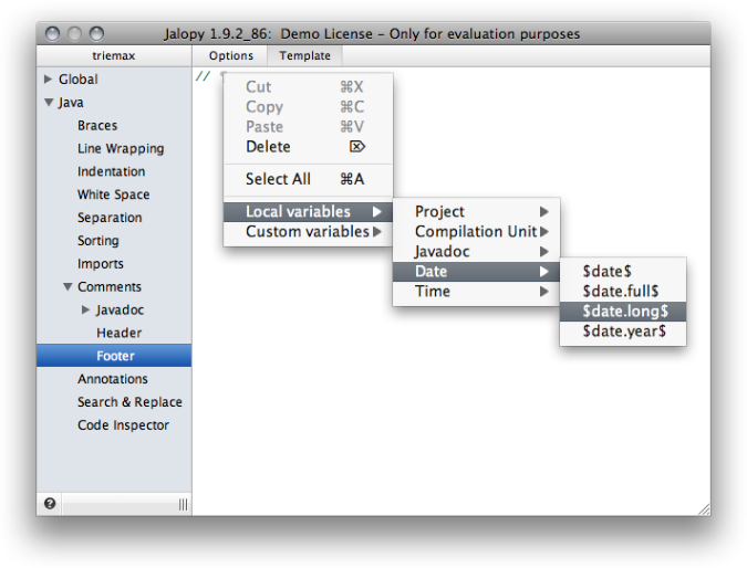 Insert variables via context menu