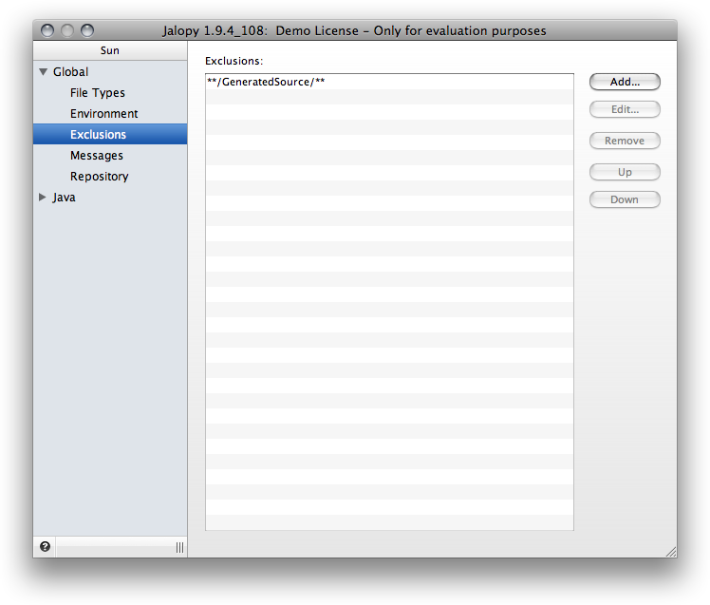 Exclusions settings page