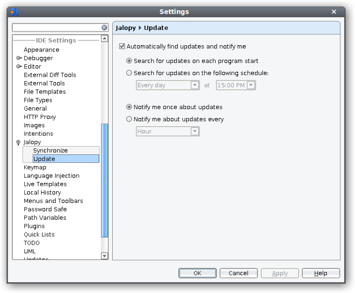 Jalopy Update Preferences page