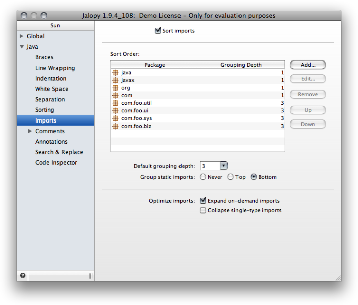 Imports settings page