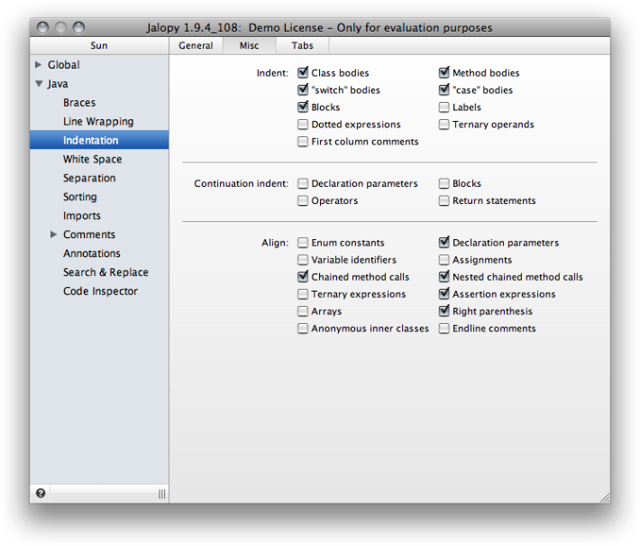 Indentation Misc settings page