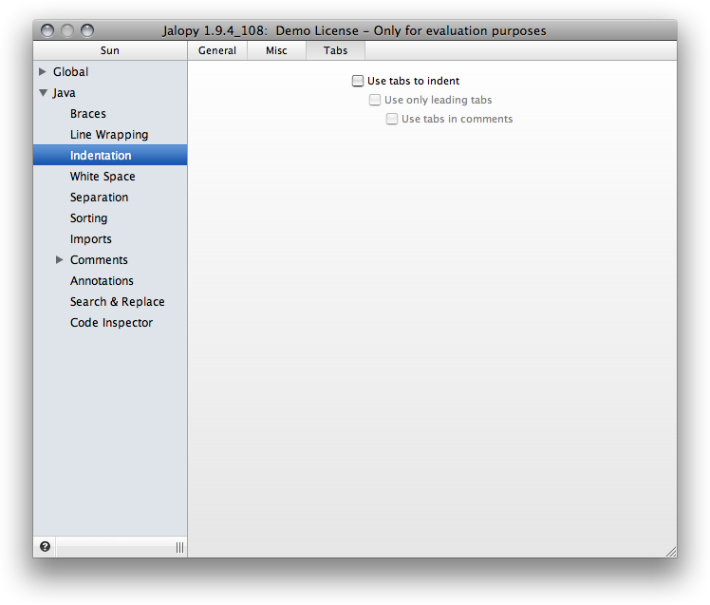 Indentation Tabs settings page