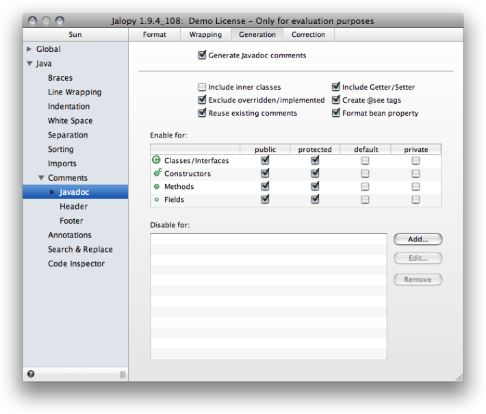 Javadoc settings page