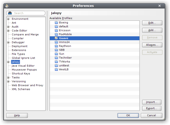 Jalopy Profile Preferences page