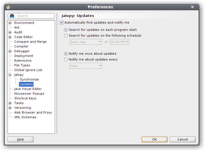 Jalopy Update Preferences page