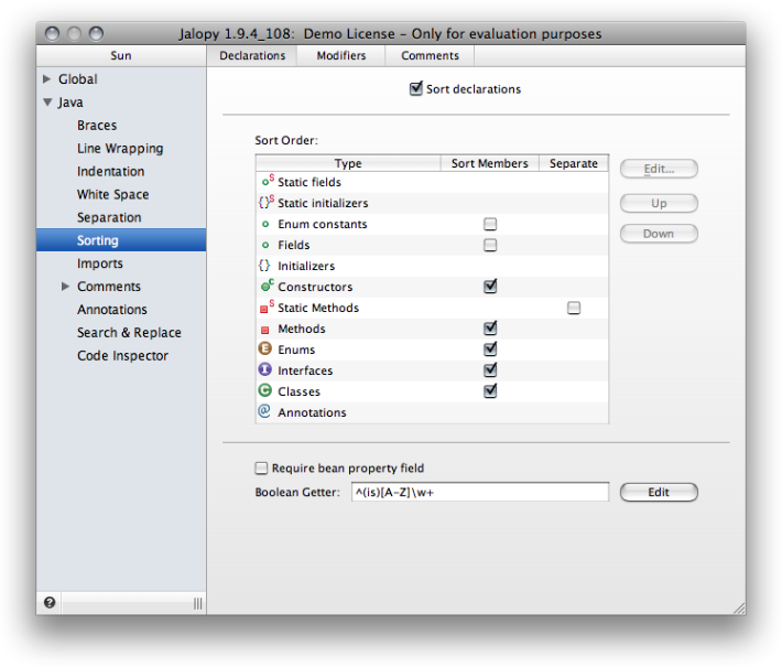 Sorting Declarations settings page