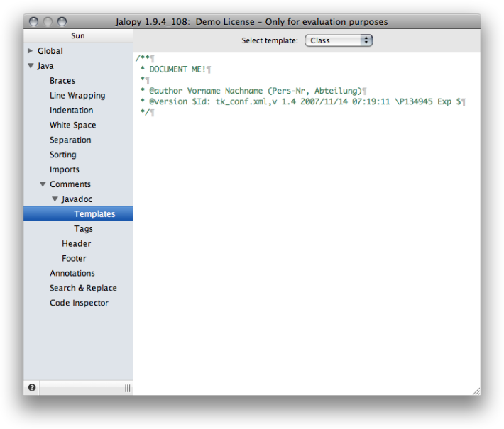Javadoc class template