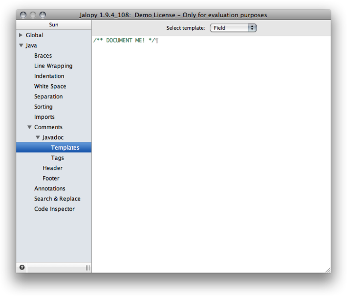Javadoc field template