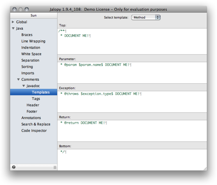 Javadoc method template