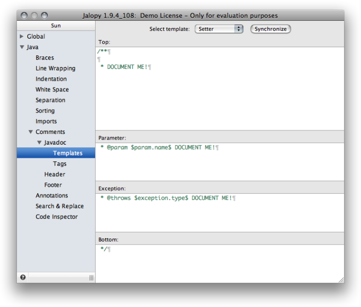 Javadoc Setter method template